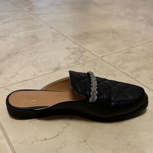 Black Quilted Slip-On Loafers with Rhinestone Detail